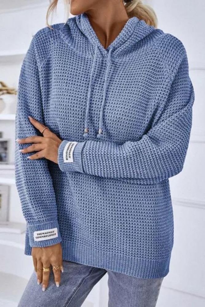 Women's Hooded Drawstring Sweater Casual Loose Knitted Sweater