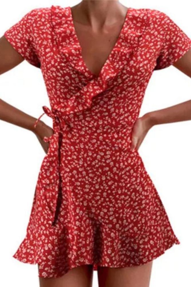 Trendy Lotus A-Line Elegant Ruffled V-Neck Chic Floral Mini Dress