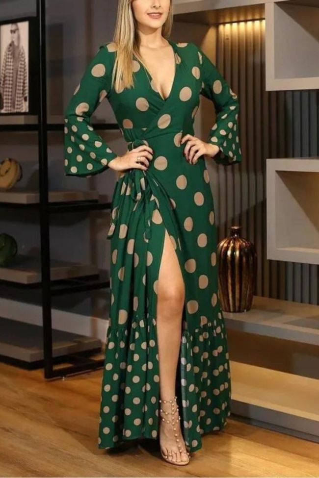Fashion Long Sleeve Tie V Neck Print Sexy Party  Maxi Dresses