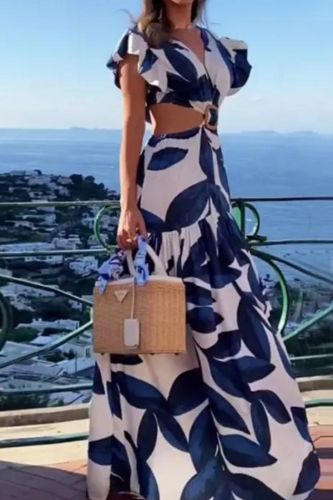 Sexy Fashion Drop Waist V Neck Backless Butterfly Party Print Maxi Dress