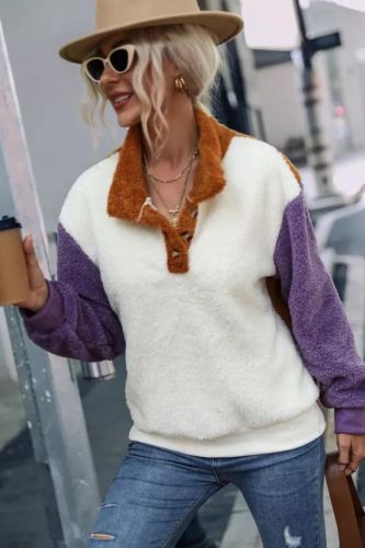 Women's Fleece Sweatshirt Stand Collar Color Block Patchwork Fleece Sweatshirt