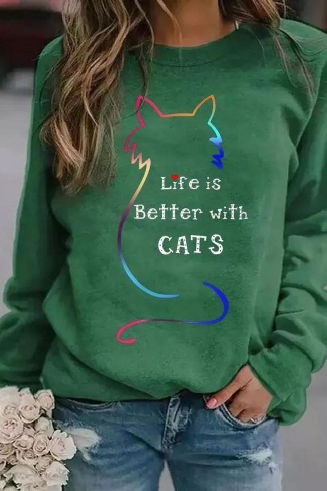 Cat Graphic Long Sleeve Crew Neck Loose Sweatshirt