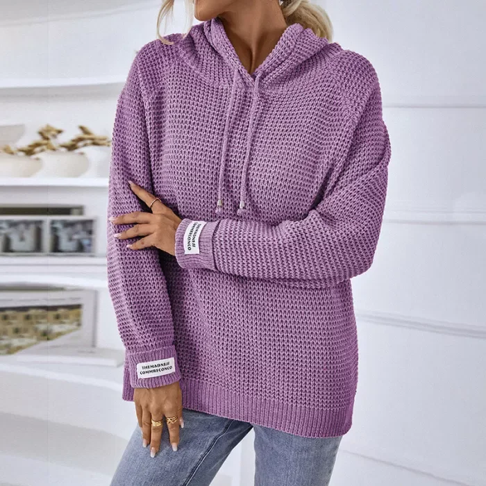 Women's Hooded Drawstring Sweater Casual Loose Knitted Sweater