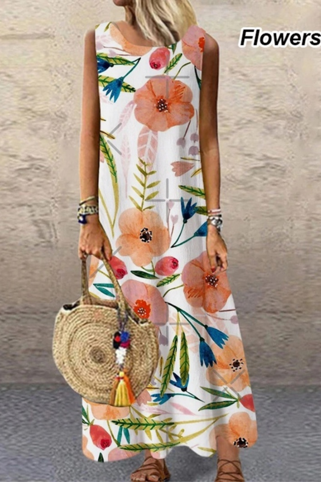 Women Elegant Floral Sleeveless Knee Length Casual Beach Dress