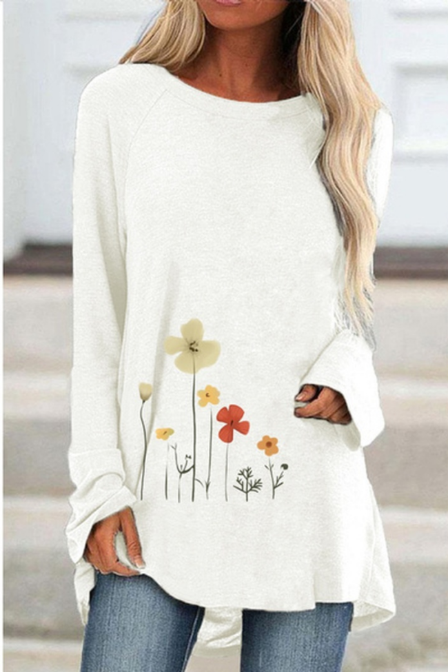 Women Fashion Clothing Flowers Printed Casual Long Sleeve Round Neck Pullover Sweatshirts