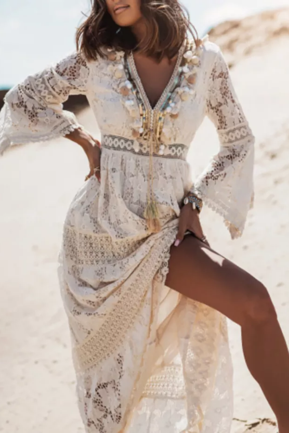 Elegant V-Neck Backless Lace-Up Hollowed-Out Slim Maxi Dress main image 1
