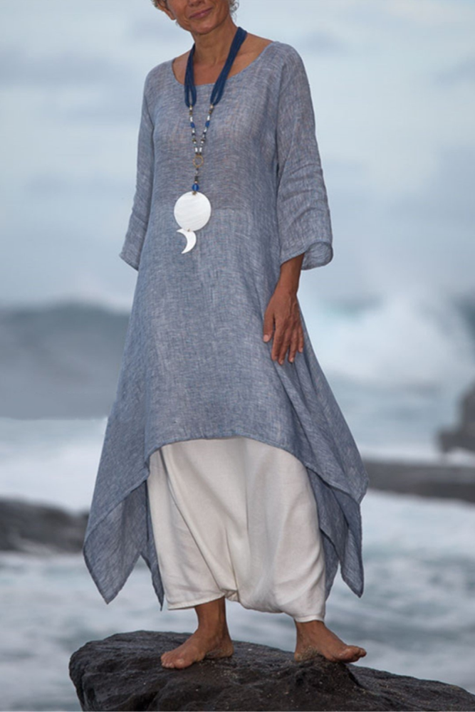 Fashion Irregular Leisure Loose Linen Round Neck Comfy Dress