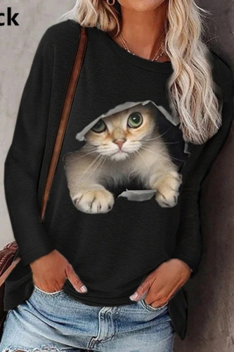 Fashion Casual Long Sleeve Kawaii Anime Cat Print Pullover Round Neck Sweatshirts