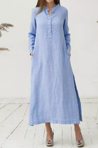 Vintage Loose Dress Elegant Cotton Linen Maxi Shirt Dress