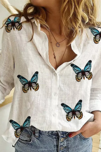 Cotton Linen Vintage Butterfly Print Casual Button Shirts