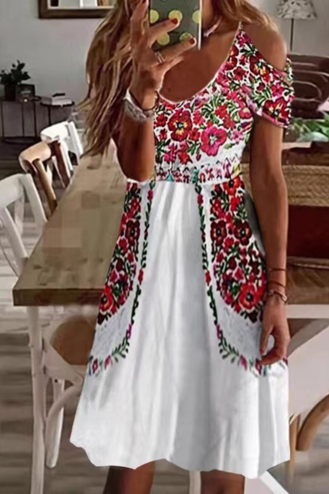 Boho Loose V Neck Short Sleeve Sexy Off Shoulder Floral Print Loose Dress