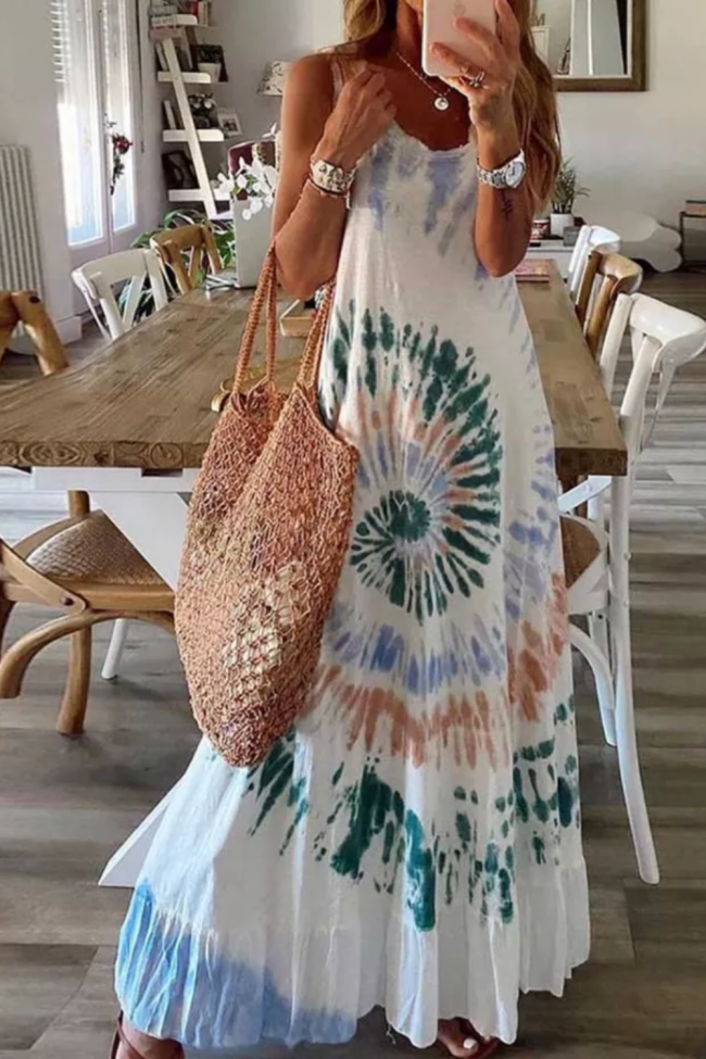 Sexy V Neck Backless Gradient Print Loose Maxi Dress