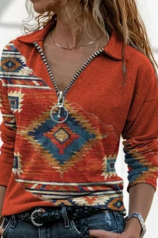 Womens Aztec Native Amercian Long Sleeve Sweatshirt Geometric Jacquard Pattern Western Shirt