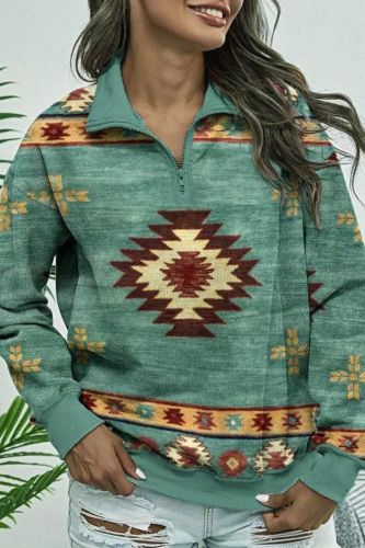 Women's Aztec Africa Native Ethnic Sweatshirt Zipper Neck