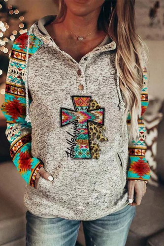 Women's Aztec Cross Pattern Loose Hoodie with Pocket