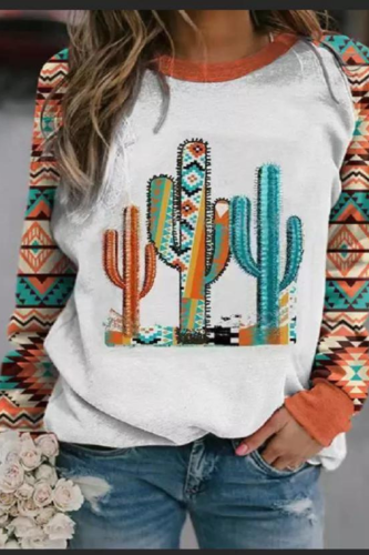 Women's Aztec Native Africa Cactus Pattern Casual Long Sleeve T-Shirt