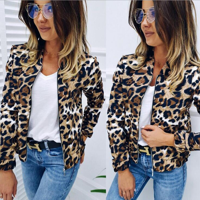 Fashion Leopard Print Loose Neck Zipper Cardigan Jacket