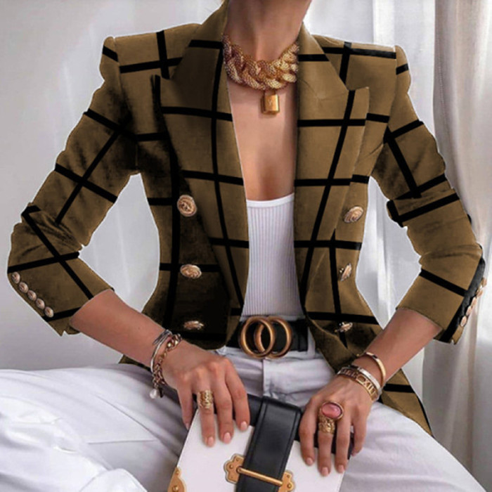 Women's Fashion Print Slim Fit Cropped Double Breasted Top Blazers