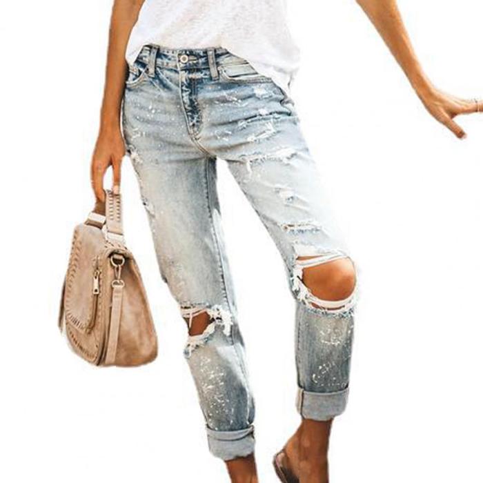 Women Fashion Mid Waist Casual High Street Sexy Vintage Jeans