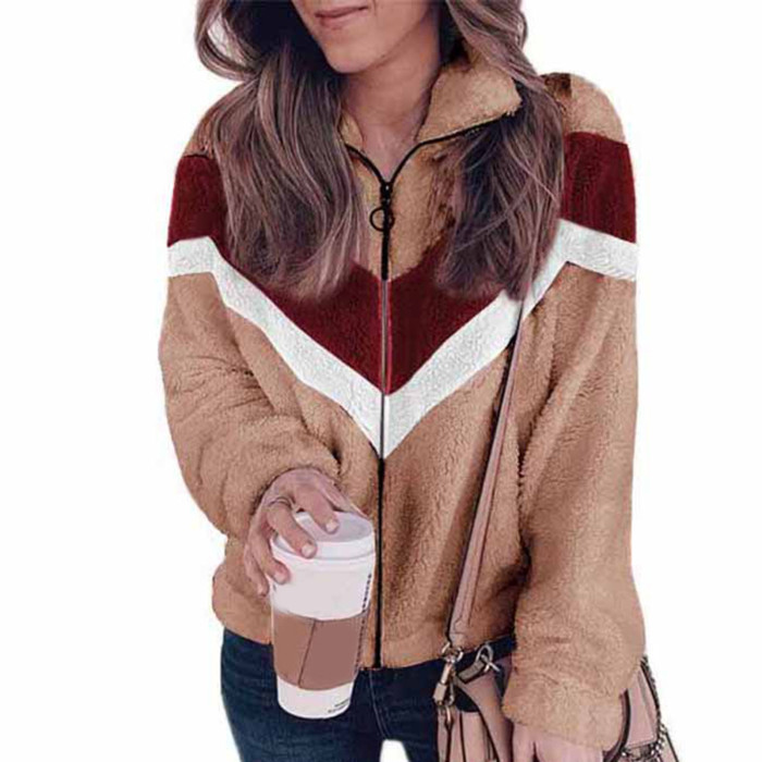 Plush Zipper Stand Collar Long Sleeves Solid Color Jacket