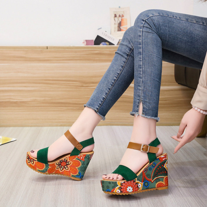 Women Wedge Retro Print Platform Casual Comfortable Sandals