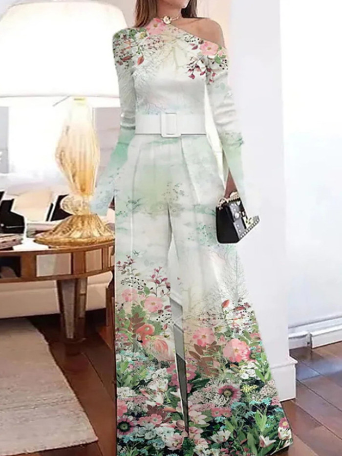 Sexy Off Shoulder Irregular Long Sleeved Casual High Waist Fashion Printed Jumpsuit