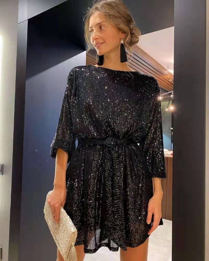 Sequined Long Sleeve Loose Sexy Mini Dress