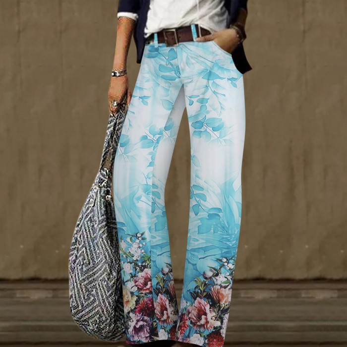 Digital Printed Casual Trousers Straight Loose Wide Leg Pants