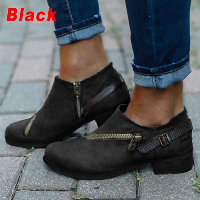 Fashion Casual Retro Round Toe Low Heel Zipper Ankle Boots