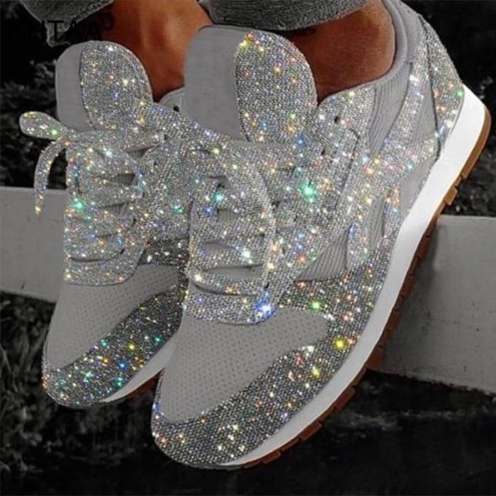 Women's Flat Glitter Casual Mesh Lace Up Platform Comfortable Sneakers
