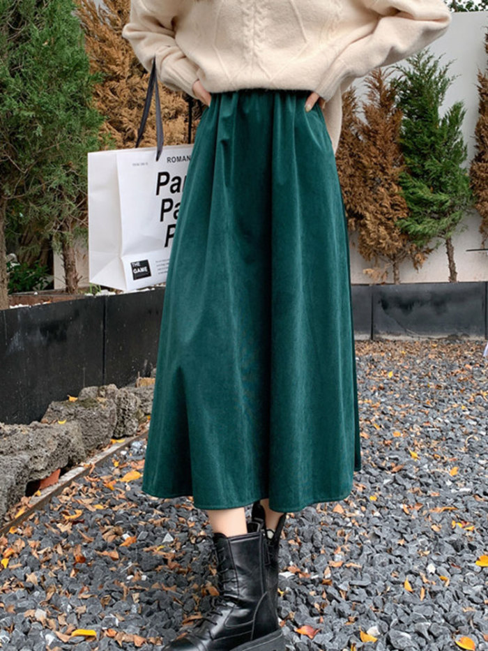 Corduroy Vintage Elegant Solid Female  High Waist Mid-length Skirt