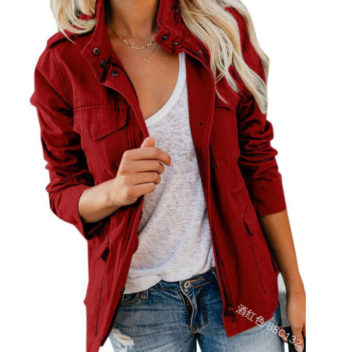 Women's Fashion Solid Color Loose Zipper Multi Pocket Jacket
