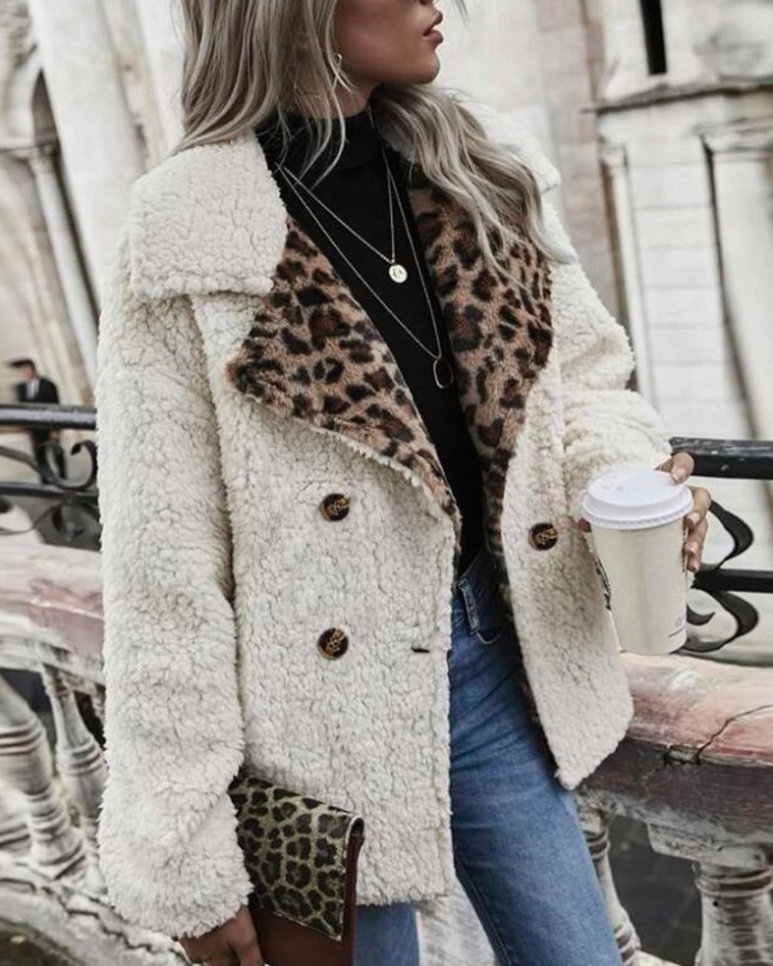 Fashion Color Contrasting Leopard Print Double Breasted Ladies Casual  Coats