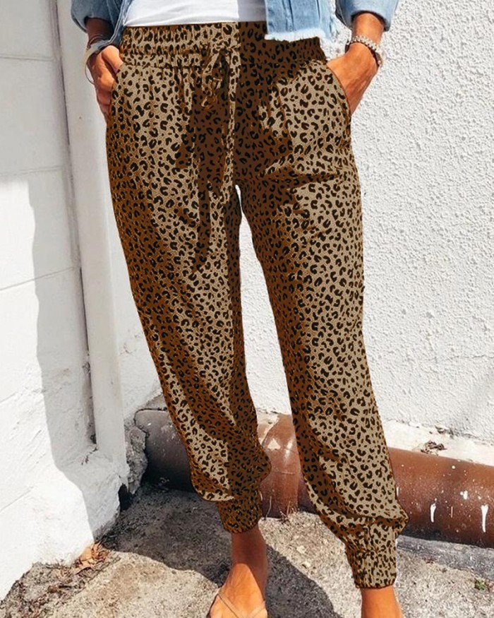 Women Leopard Printed Trousers Loose Lace-up Waist Long Pants