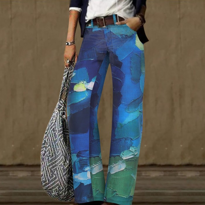 Digital Printed Casual Trousers Straight Loose Wide Leg Pants