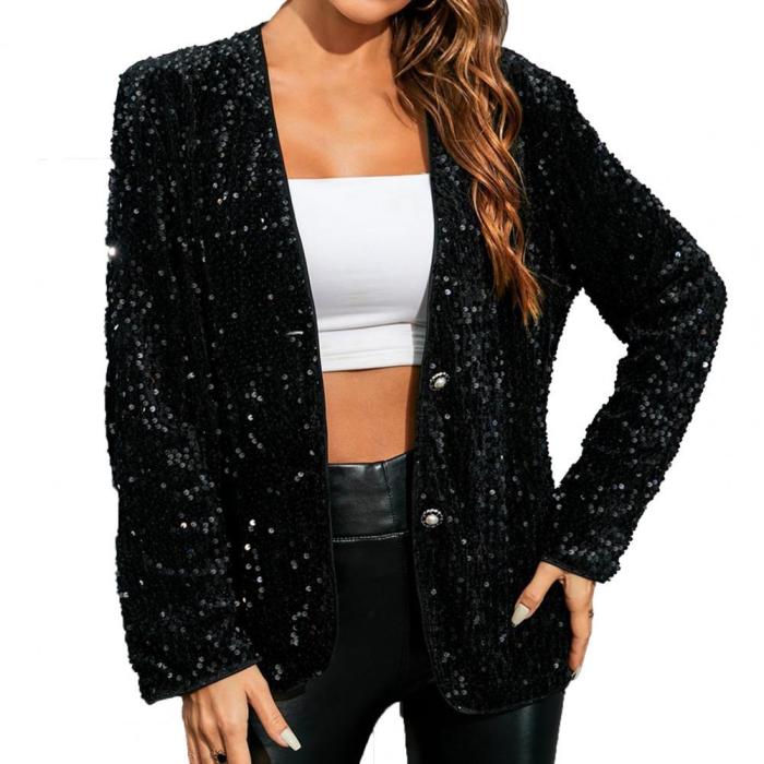 Women's Fashion Sparkling Sequins Single Breasted V Neck Party Blazers