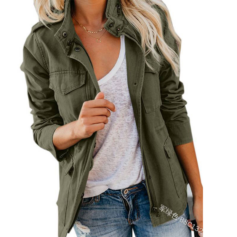 Women's Fashion Solid Color Loose Zipper Multi Pocket Jacket