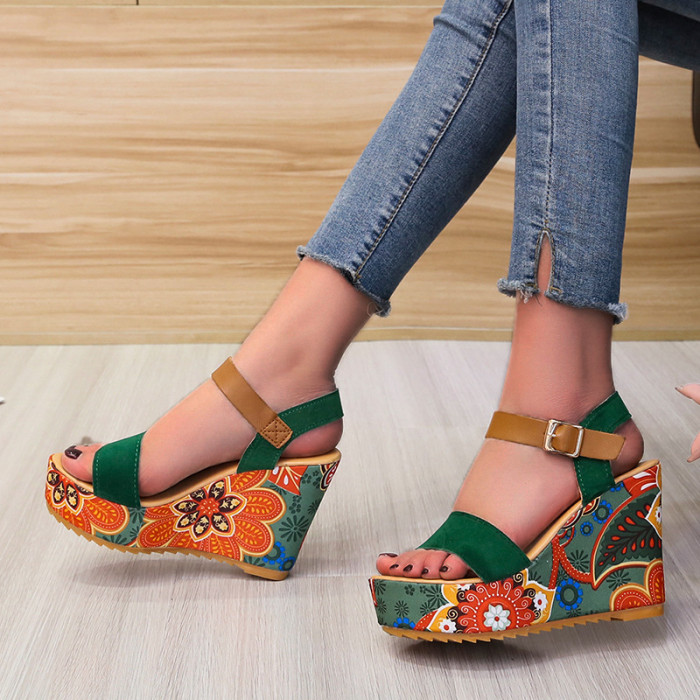 Women Wedge Retro Print Platform Casual Comfortable Sandals