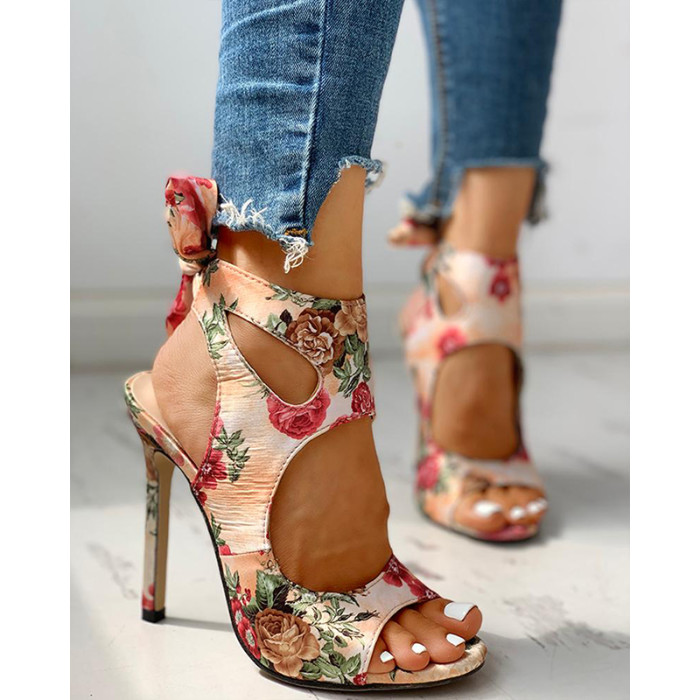 Women's Summer Embroidery Open Toe Angle Pump Party Sexy High Heels