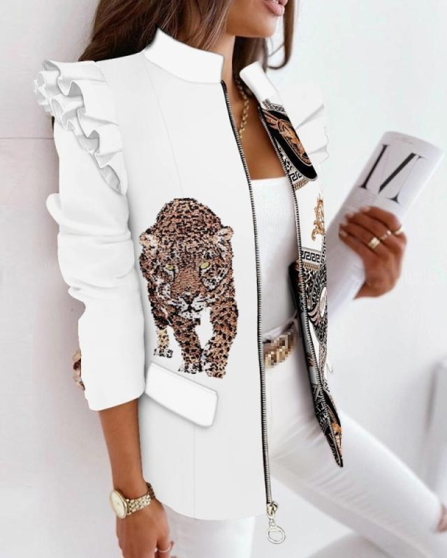 Women's Colorful Leopard Ruffle Long Sleeve Zipper Printed Suit Jackets