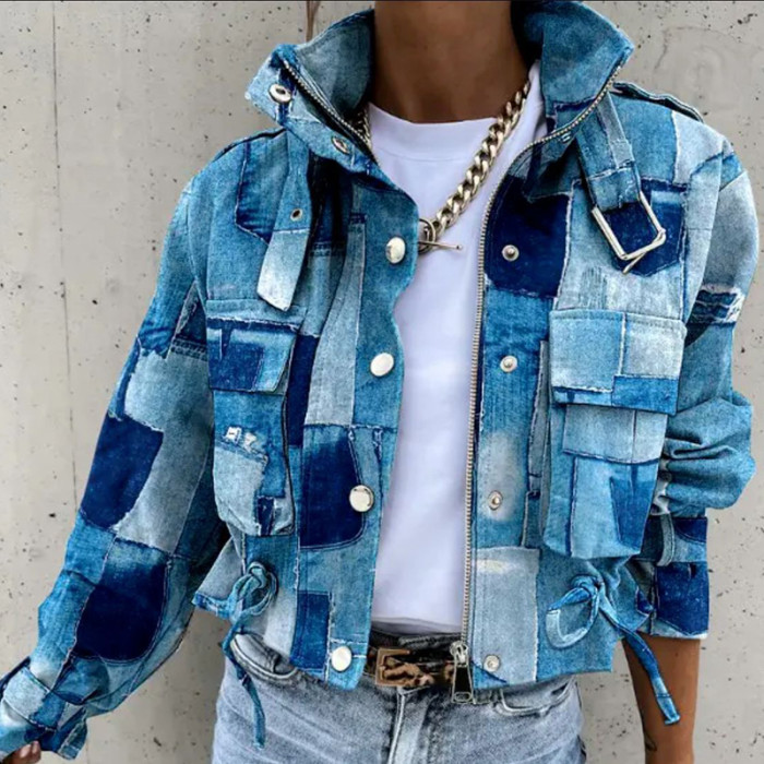 Fashion Contrasting Color Short Long Sleeve Loose Jacket