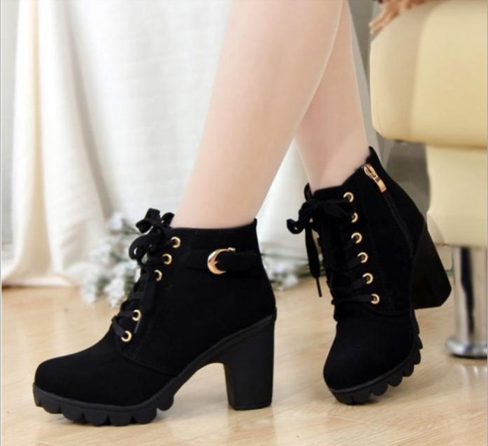 Ladies Shoes Fashion High Heel Lace Up Buckle Platform Ankle Boots