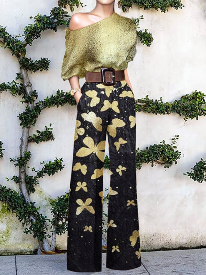 Women Elegant Loose Wide Leg Pants Bodysuits Skew Collar Floral Printing Jumpsuits
