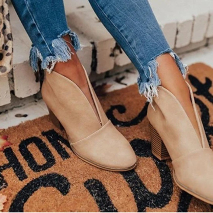 Women's Shoes Fashion Thick Heel Shallow Mouth Solid Color Casual Retro  Ankle Boots