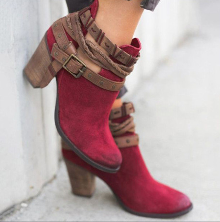 Fashion Casual Suede Leather Buckle High Heeled Zipper Boots