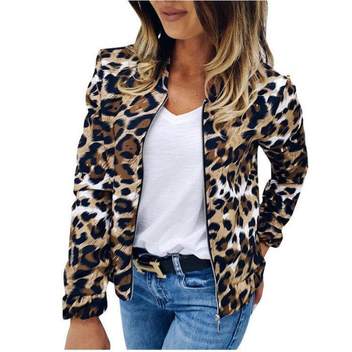 Fashion Leopard Print Loose Neck Zipper Cardigan Jacket