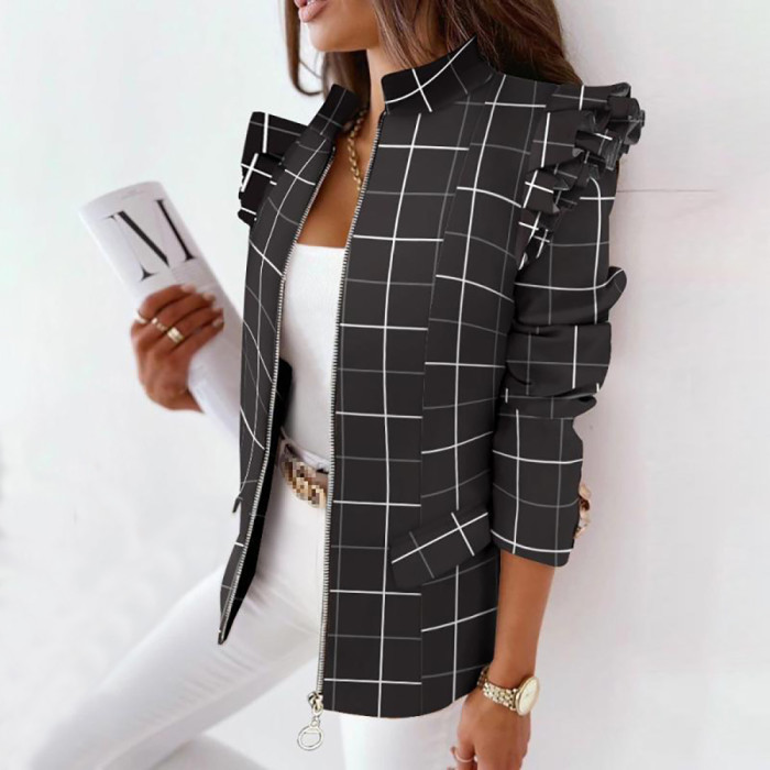Fashion Long Sleeve Ruffle Casual Stand Collar Printed Plaid Zipper Slim Fit   Jackets