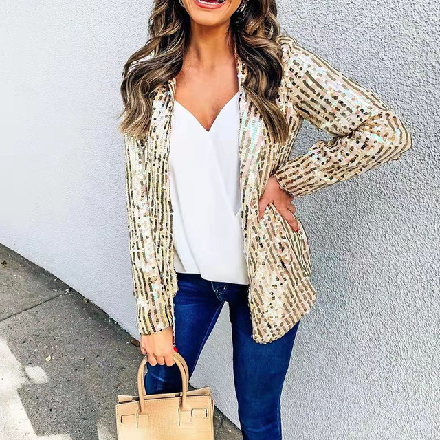 Elegant Glitter Sequins Shiny Fashion Lapel Top Office Casual  Jackets