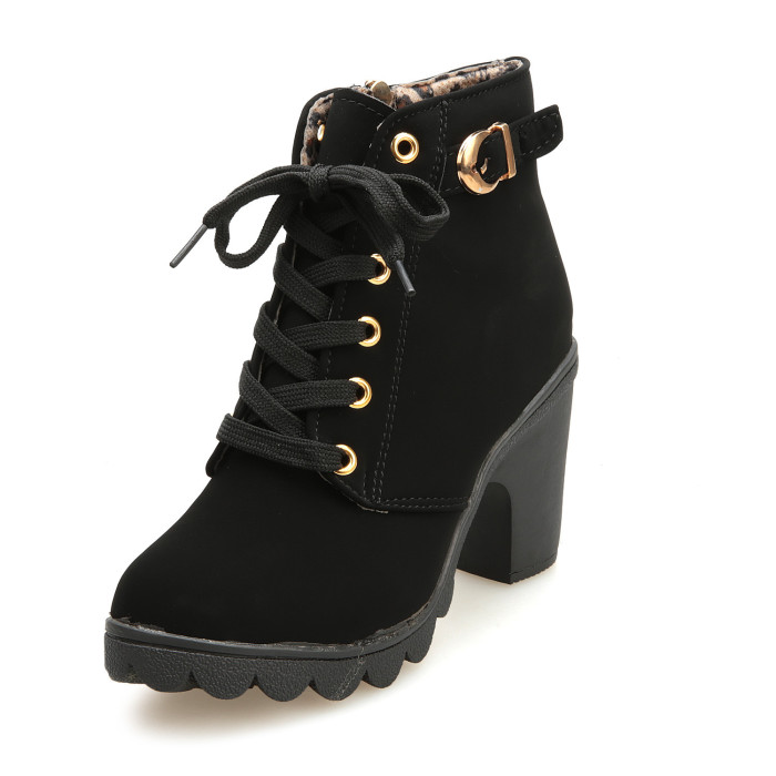 Ladies Shoes Fashion High Heel Lace Up Buckle Platform Ankle Boots
