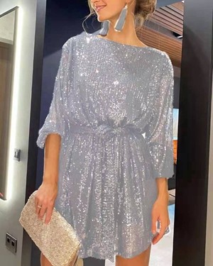 Sequined Long Sleeve Loose Sexy Mini Dress